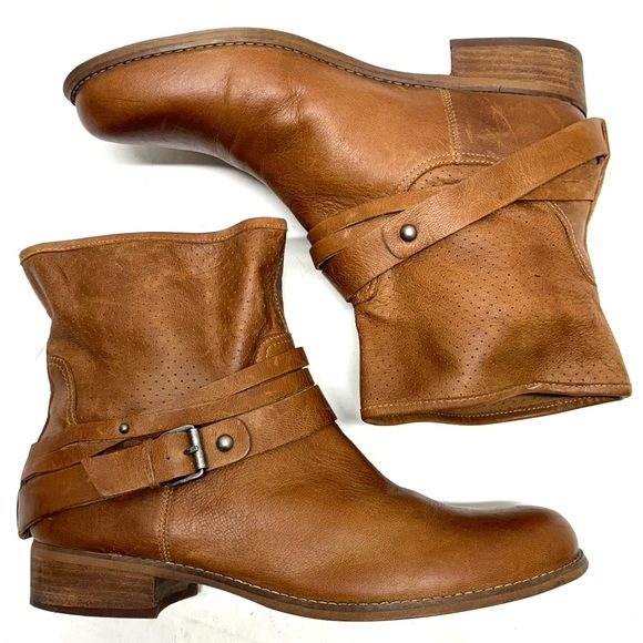 Marc Fisher Rosan Perforated Buckled Ankle Leather Boots Pull On Natural Tan 9.5 - Picture 17 of 17